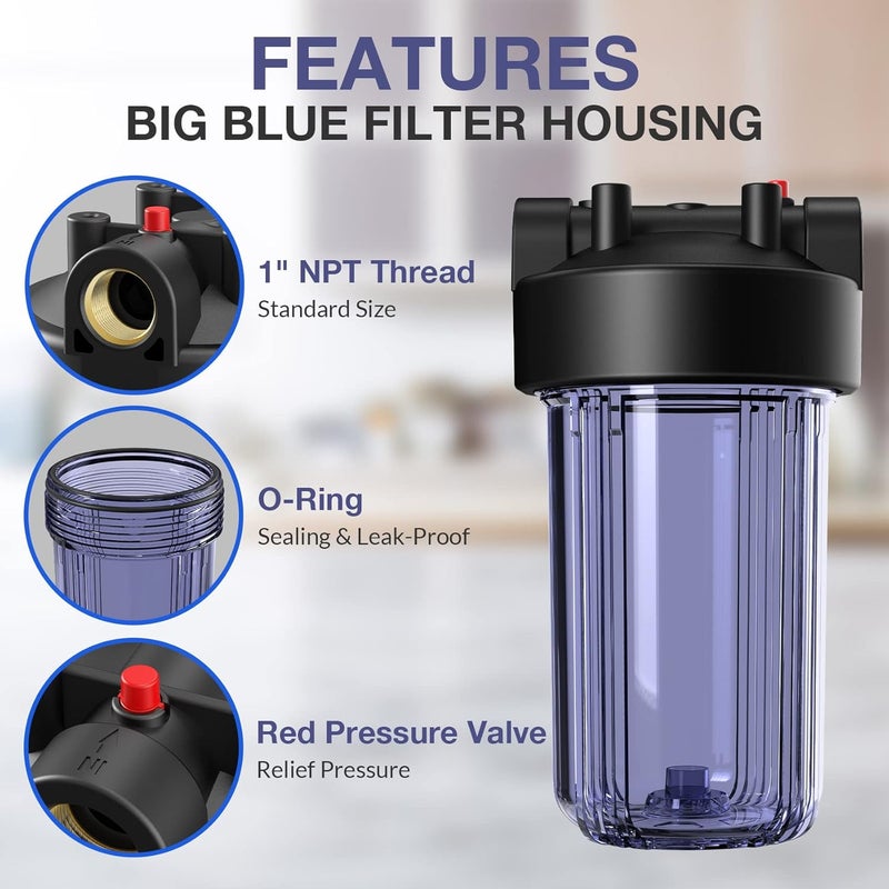 Simpure Whole House Water Big Filter Housing (DB10C), 10" x 4.5", Blue for Whole Home Water Filtration, Sediment Water Filter System for Well, 1" NPT Brass Port (Clear Housing) - Image 2